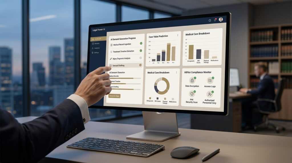 AI legal workflow interface organizing medical records, security controls, and demand letter materials for plaintiff personal injury attorneys