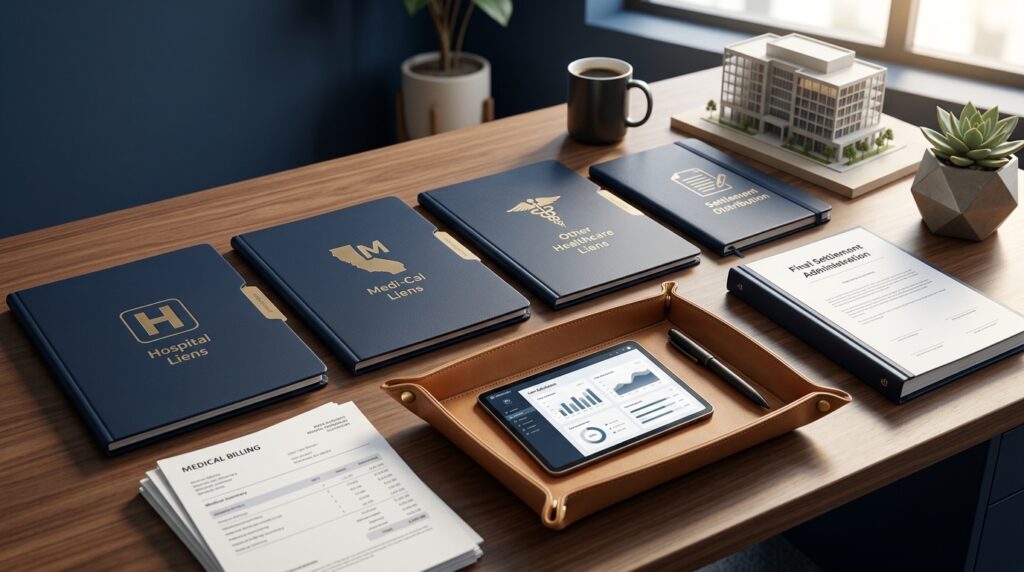 A structured legal-tech workspace showing California PI lien resolution notes, medical billing summaries, and settlement administration documents arranged in a premium navy and warm-gold SaaS editorial style