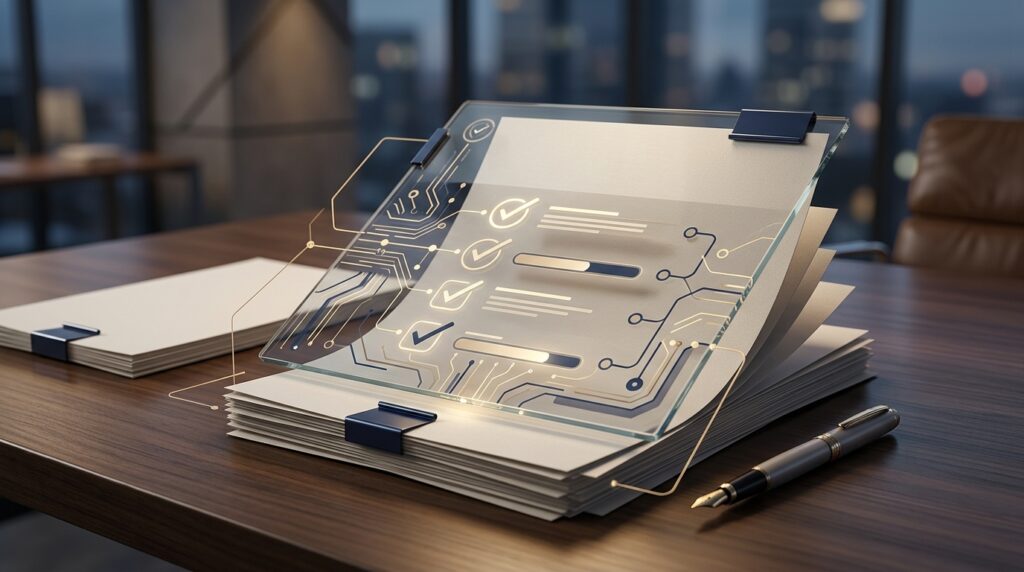 AI demand letter attorney review checklist shown as an abstract premium legal-tech QA workflow with blank documents, navy review paths, and gold verification accents