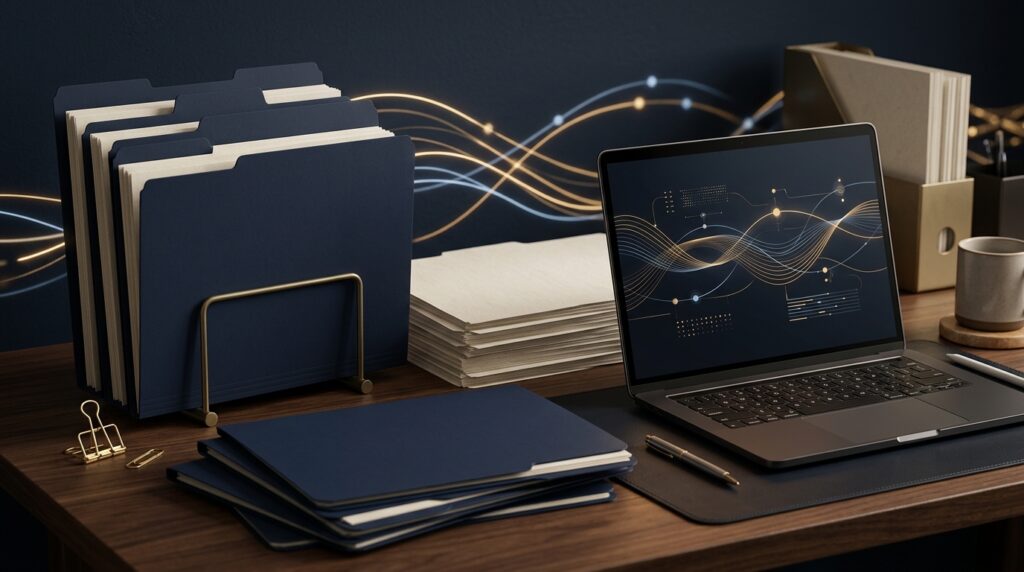 Premium legal-tech workspace with organized blank case folders and secure AI workflow visuals for plaintiff PI case file organization