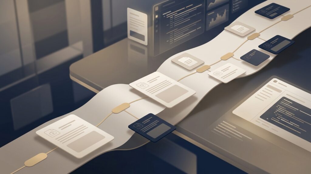 Medical chronology AI workflow for plaintiff PI firms with abstract treatment timeline cards and blank medical record shapes