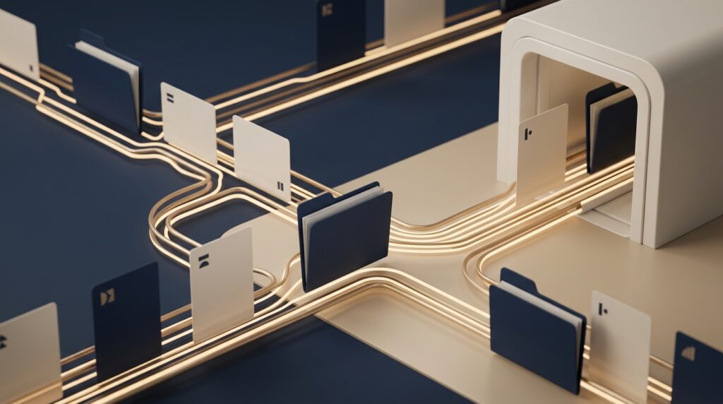 Abstract secure legal-tech records workflow for a HIPAA BAA AI vendor checklist, with blank folders and encrypted data pathways