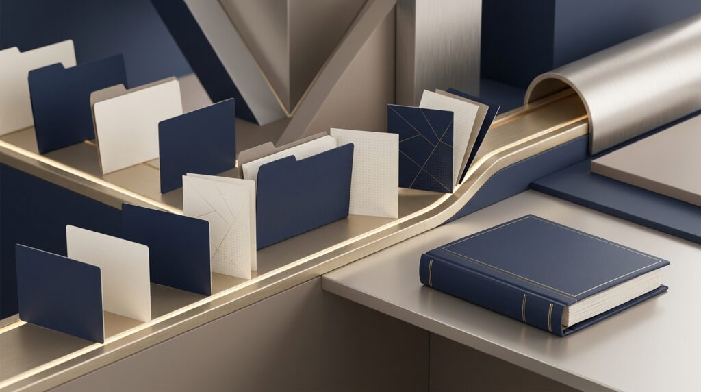 Abstract Legal Power AI demand package workflow with blank folders and case materials moving through a premium legal-tech pipeline