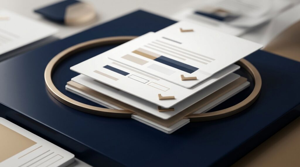 A premium abstract legal-tech workflow scene showing a blank policy limits demand package, deadline review ring, and organized case documents in navy, warm neutral, and muted gold tones.