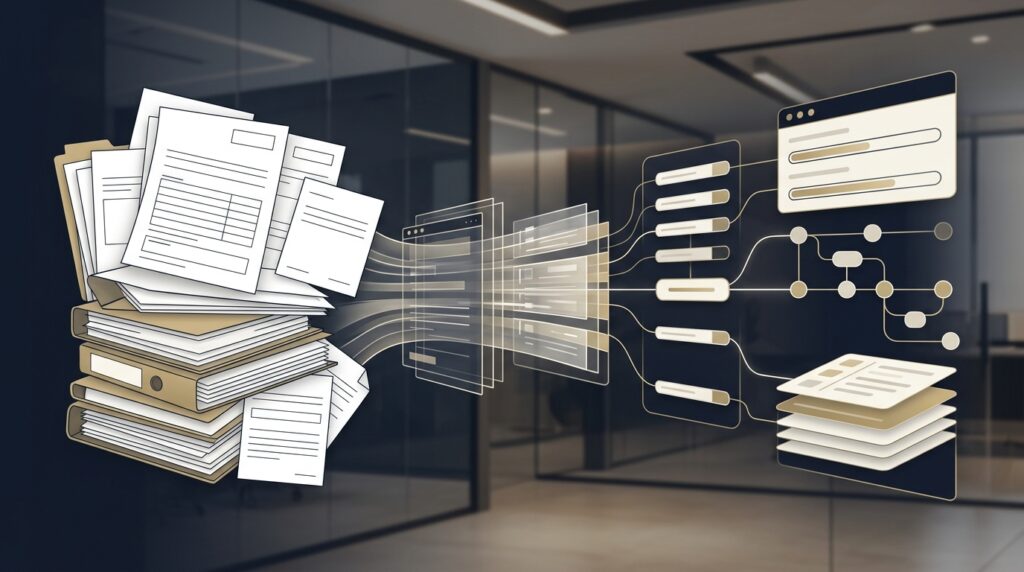 Structured medical record intake workflow for plaintiff PI demand letter automation, with organized records, chronology markers, and secure legal-tech review layers