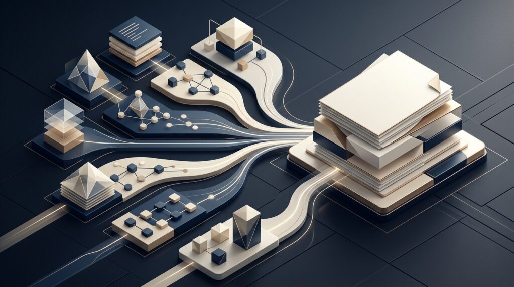Abstract case-type-specific plaintiff PI automation workflow with distinct blank evidence modules flowing into an attorney-reviewed demand package
