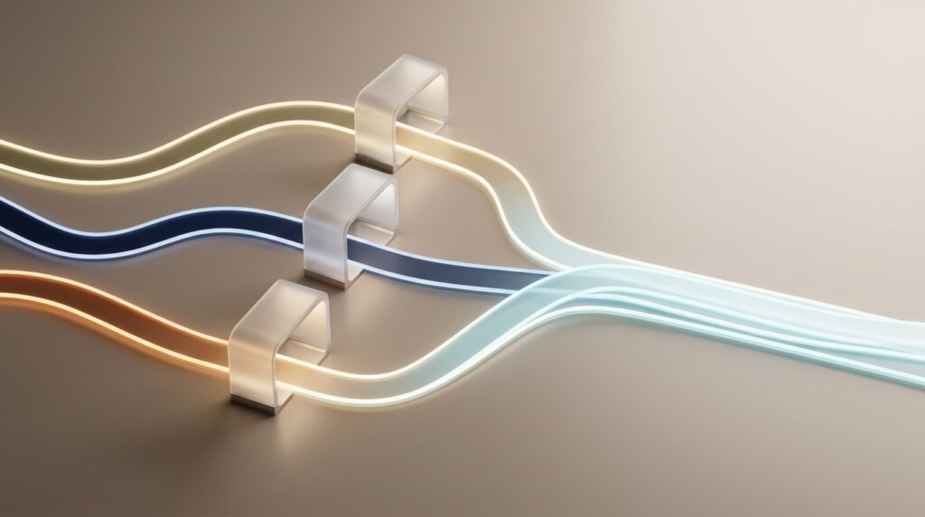 Abstract premium legal-tech workflow paths showing a small PI firm adopting AI with structured review checkpoints