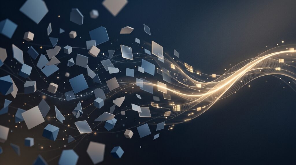 Abstract premium legal-tech transformation from blank data tiles into a narrative pathway for AI treatment history demand letters
