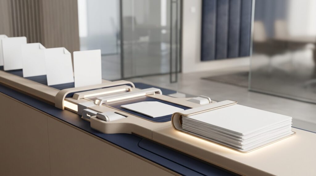 An abstract premium legal-tech workflow showing blank case materials moving through a PI-specific review pathway into a polished blank demand package, with navy and muted gold accents, no people and no readable text