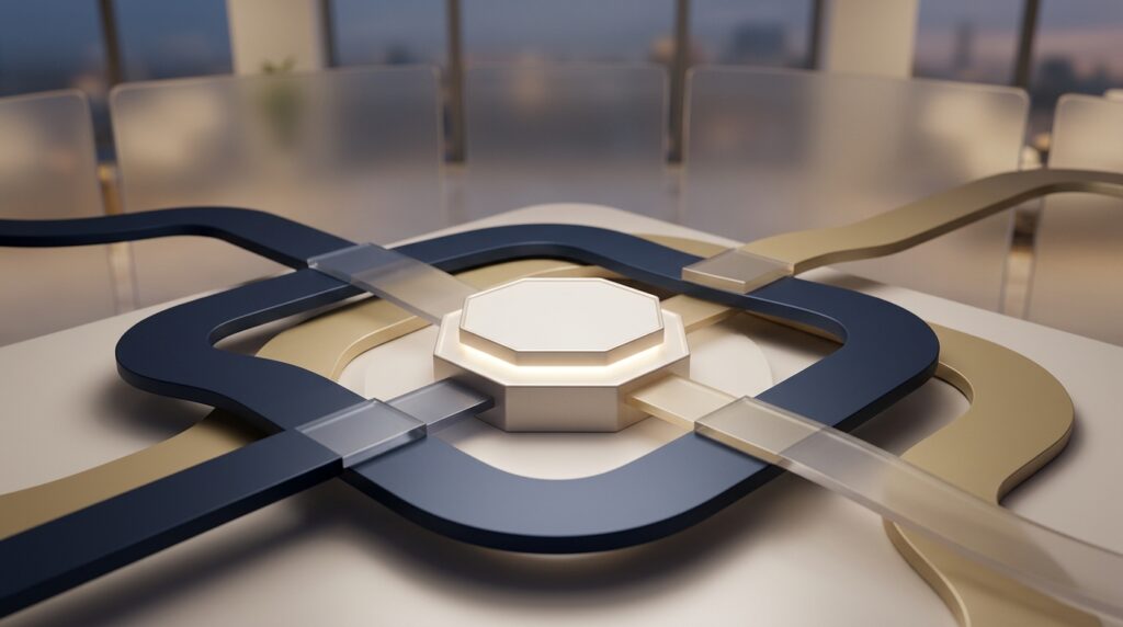 abstract navy and muted gold workflow paths around blank geometric review checkpoints, showing attorney judgment guiding AI-assisted demand work without documents or text