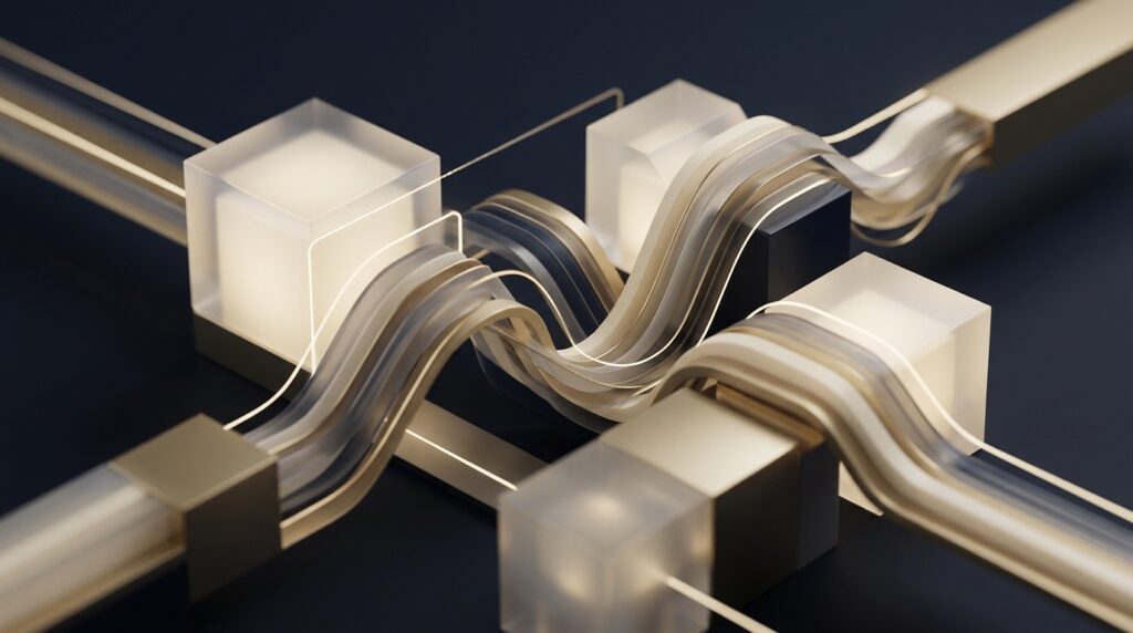 Abstract navy, ivory, and muted gold data pathways connecting medical specials, liens, and write-off review before PI demand drafting.