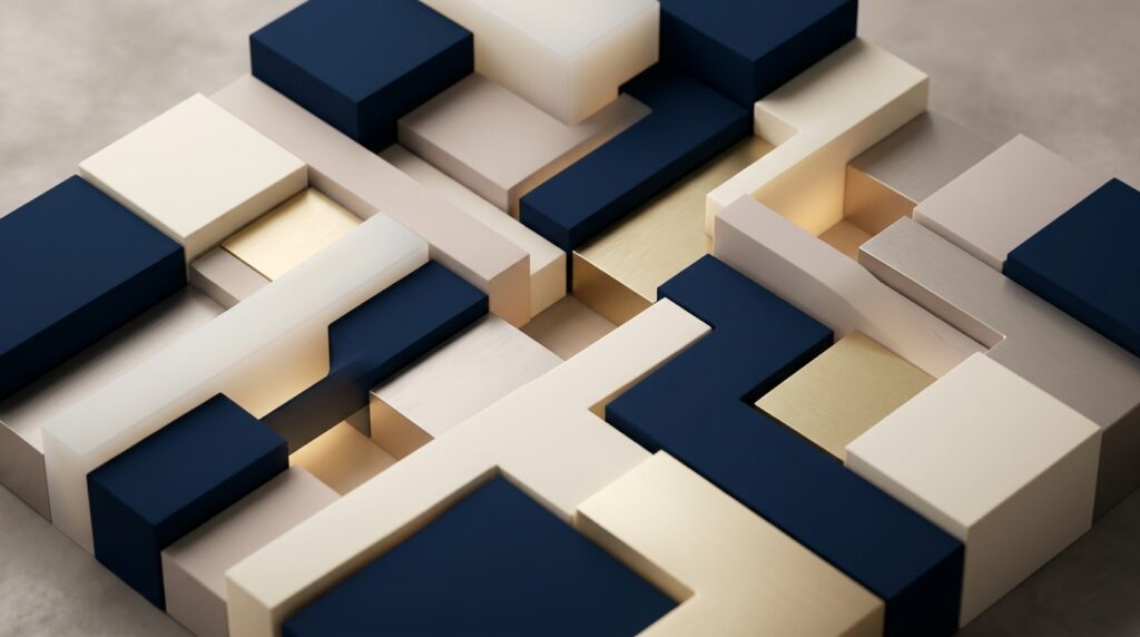 Abstract premium legal-tech evidence gap review map with blank navy and ivory geometric pathways and muted gold highlights