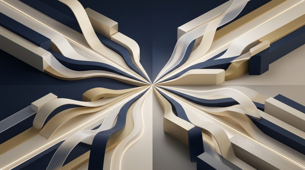Abstract navy, ivory, and muted-gold geometric pathways converging into a consistent settlement-position strategy for AI-assisted PI demand workflows.