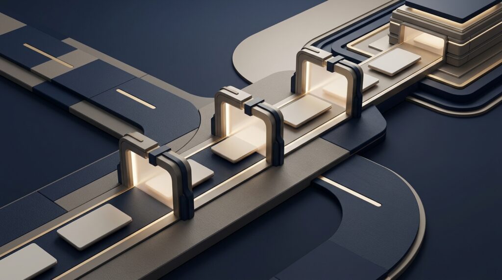 An abstract navy and muted-gold workflow path showing blank evidence tiles moving through secure checkpoints into a final polished demand workflow, with no readable text, no documents, no screens, no people, and no legal symbols.