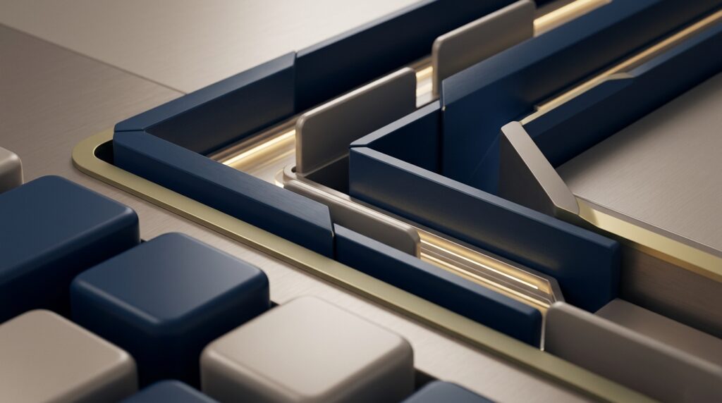Abstract navy and muted-gold security architecture showing protected case-data pathways and blank geometric control layers, no screens, no documents, no text