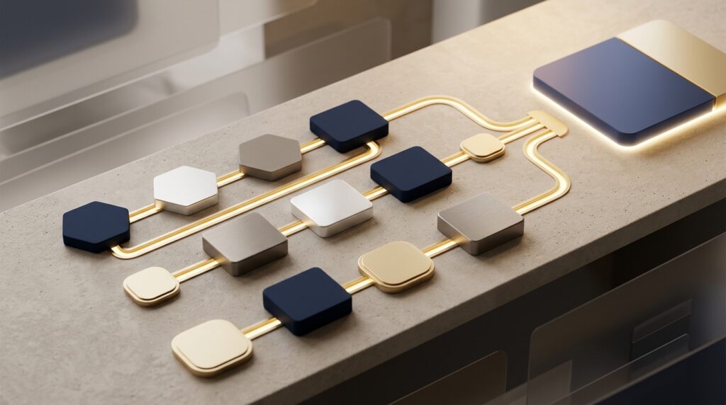 Abstract Legal Power AI workflow scene showing a structured pre-demand review table with blank geometric evidence tiles and gold-lit decision paths