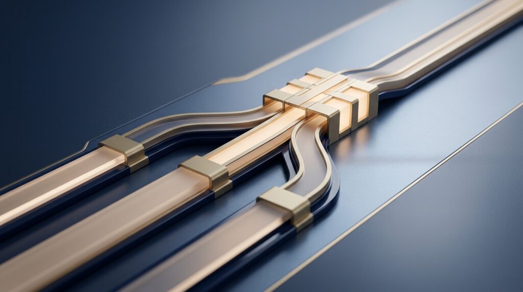 Abstract navy and muted-gold legal-tech workflow showing three separate blank evidence pathways converging into a controlled demand review process, with no words, numbers, documents, screens, people, logos, or legal symbols.