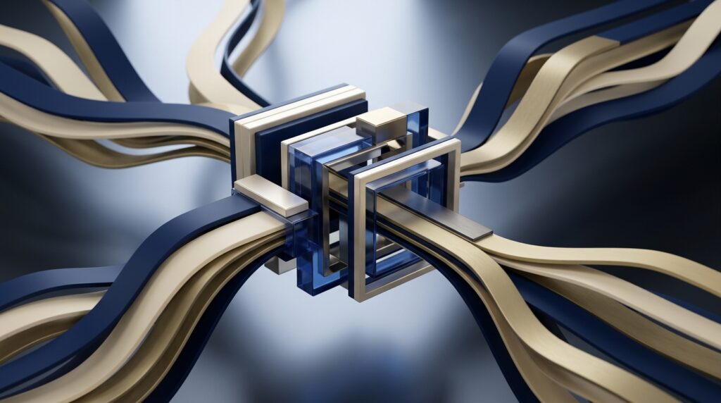 Abstract quality-control workflow for multi-provider treatment records in a PI demand letter, shown as text-free navy and gold data ribbons through a central verification structure