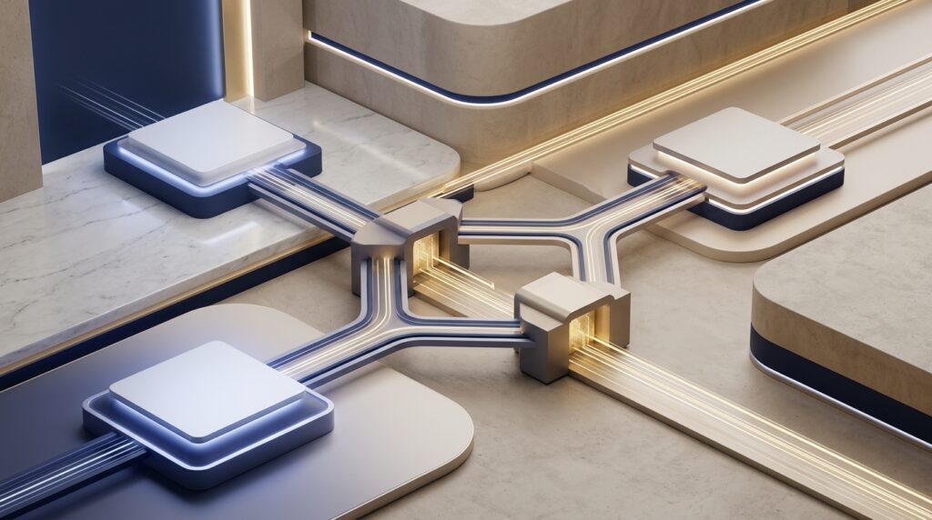 Abstract Legal Power AI consistency workflow showing connected demand-letter stages as blank geometric data paths, with navy and muted gold lighting, no text, no documents, no faces