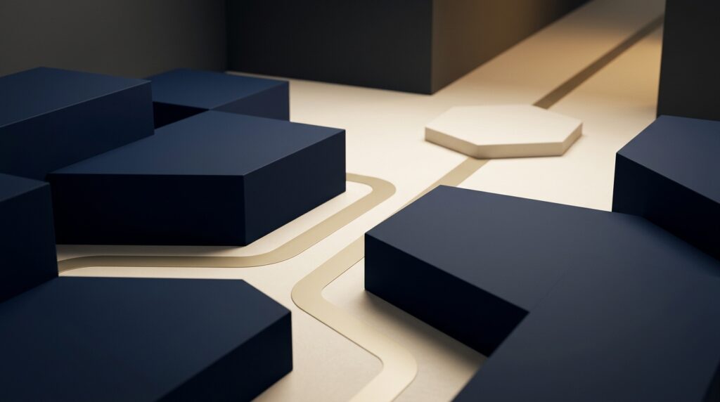 Abstract attorney-controlled evaluation pathway for AI demand letter software with blank navy blocks and muted gold review lanes