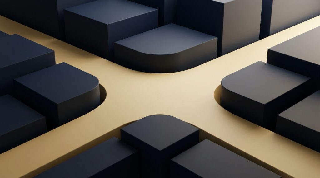 Abstract attorney review workflow with blank navy decision blocks and muted gold negotiation pathways