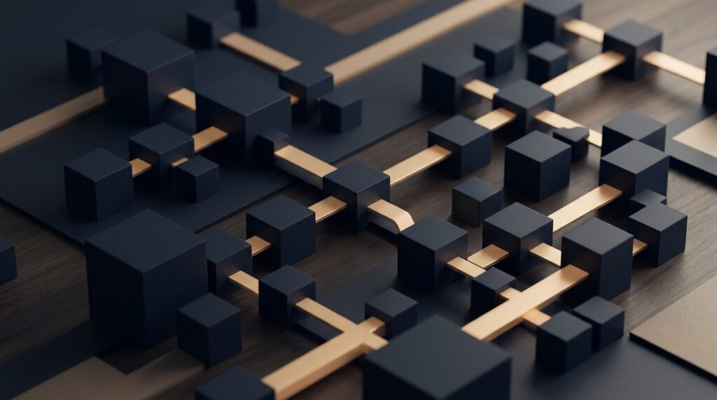 Abstract navy and muted gold case-type workflow map for AI demand drafting in personal injury claims