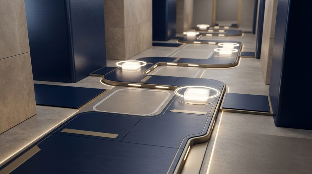 Abstract navy and muted-gold causation proof pathway with blank evidence blocks and illuminated review checkpoints, no text or legal symbols